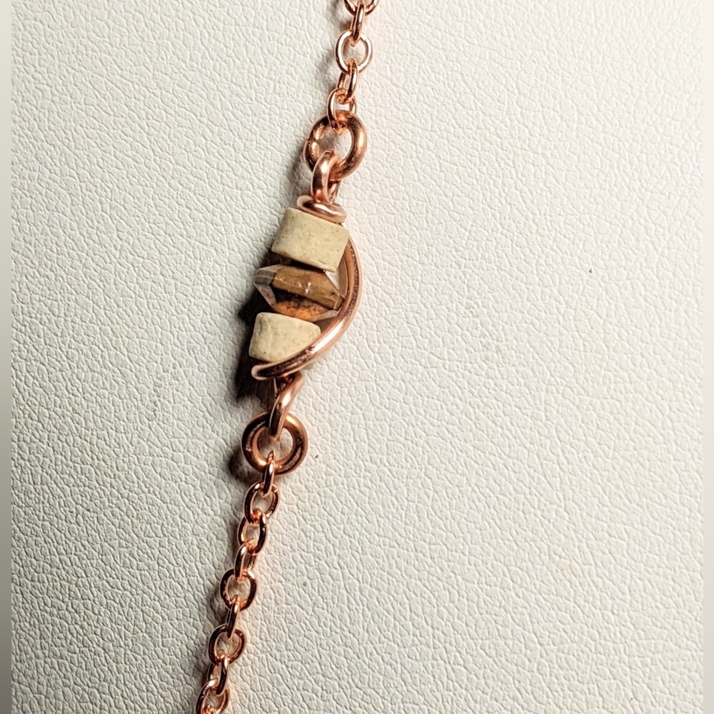 Vintage Embossed Ceramic Bar Necklace Artisan Crafted Jewelry Pure Copper Chain - Picture 5 of 16
